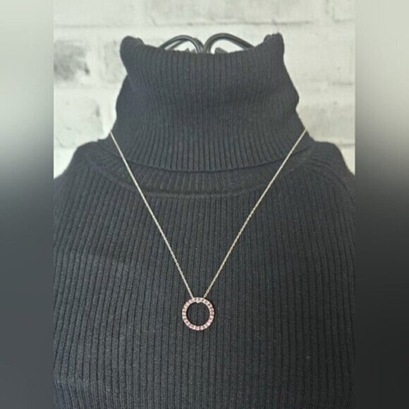 Silvertone Pink Rhinestone Circle Pendant Necklace – Minimalist Sparkle - Picture 2 of 6